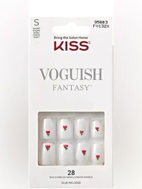KISS Voguish Fantasy Short Press-On Nails - White with Pink and Green Tulip
